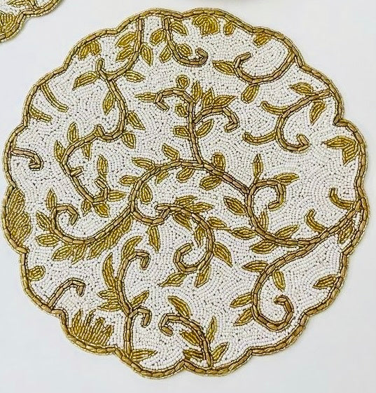 Elegant Woven Round White and Gold Table Mat with Decorative Trim