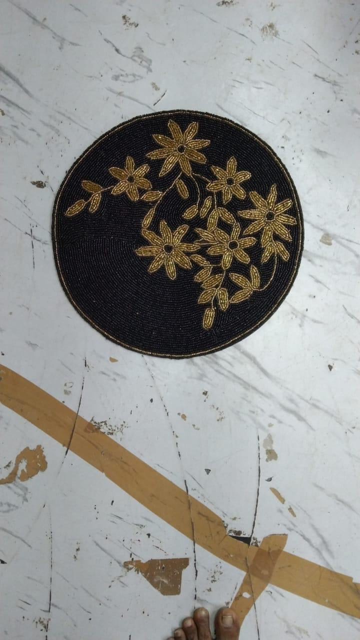 Elegant Woven Black Round Table Mat with Decorative Trim