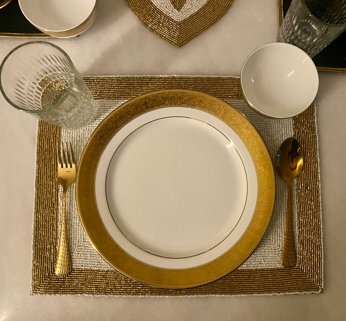 Elegant White Table Mat with Golden Border
