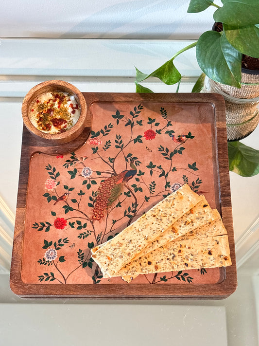 Emerald Peacock Top Wooden Snack and Dip serving Tray with Bowl