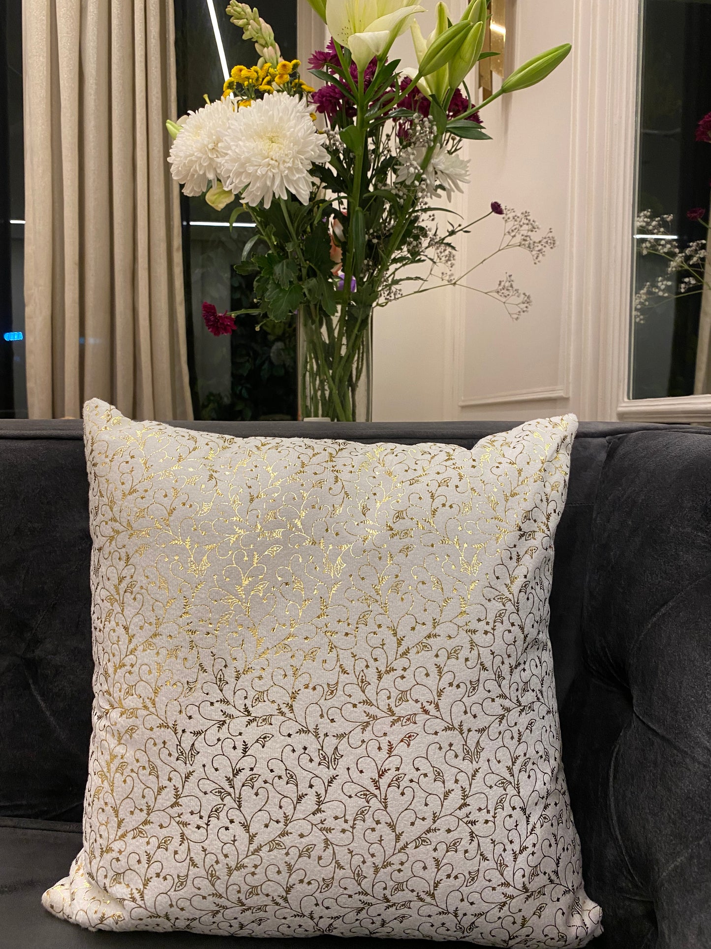 Ivory Vine Gold Foil Cushion Cover