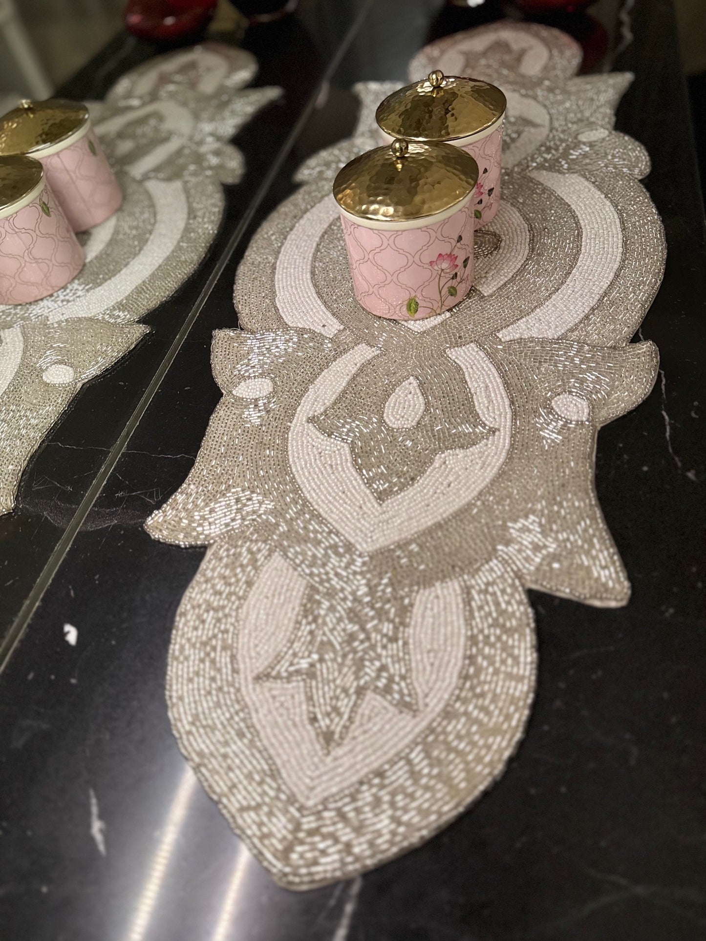 Handcrafted White & Silver Circular Table Runner with Beaded Details