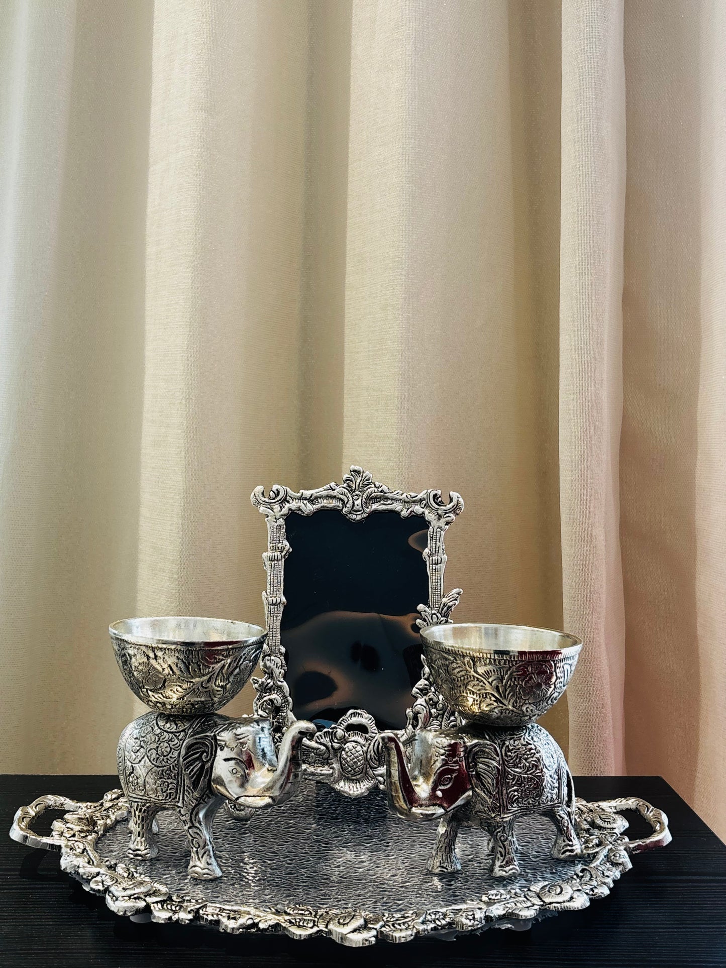 German silver pooja thali with a Photo frame, 2 Elephants and a Tray