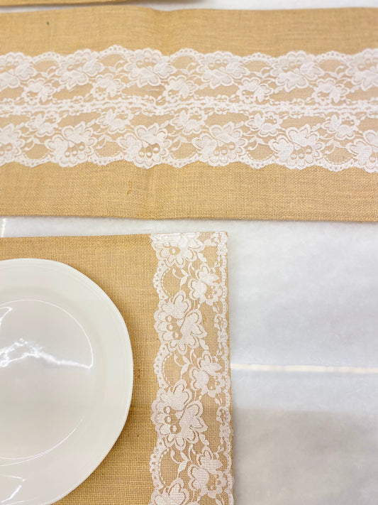 Rustic Lace Jute Table Runner & Placemats Set