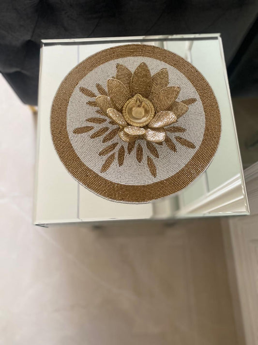 Elegant Hand Embilleshed Gold and White Table Mat with Decorative Trim