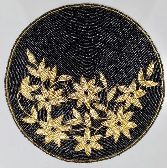 Elegant Woven Black Round Table Mat with Decorative Trim