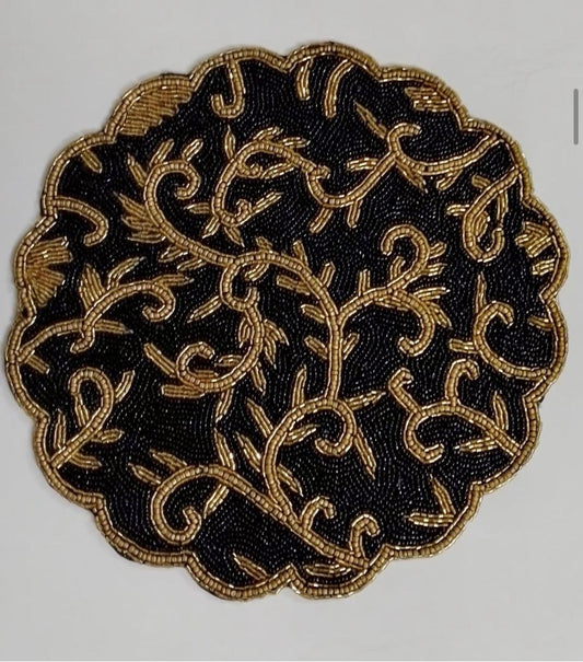 Elegant Woven Round Black and Gold Table Mat with Decorative Trim