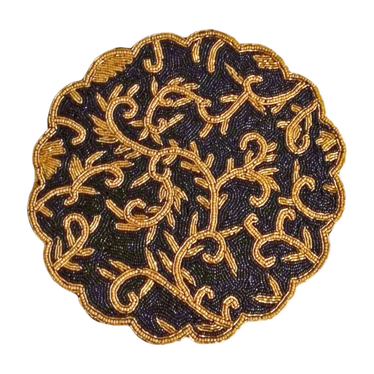 Elegant Woven Round Black and Gold Table Mat with Decorative Trim