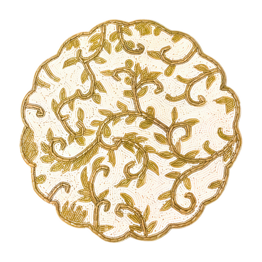 Elegant Woven Round  White and Gold Table Mat with Decorative Trim