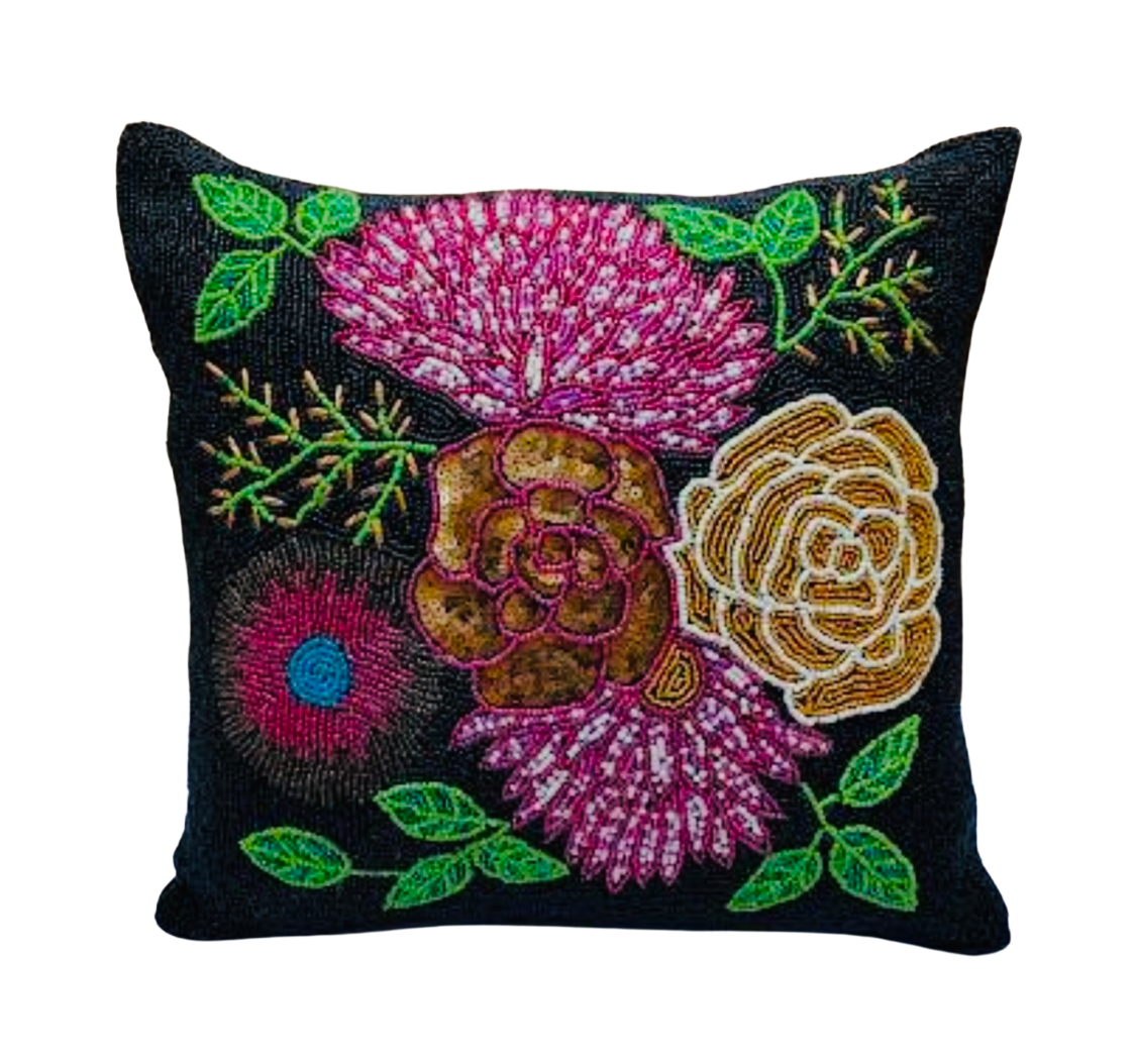Multicoloured Flower & Green Leaves Cushion Cover - Floral Decorative Pillow