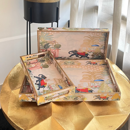 Royal Maharaja Gold Engraved Wooden Tray Set (Set of 3)