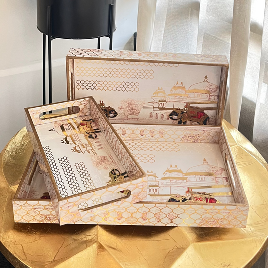 Royal Maharaja Gold Engraved Wooden Tray Set (Set of 3)