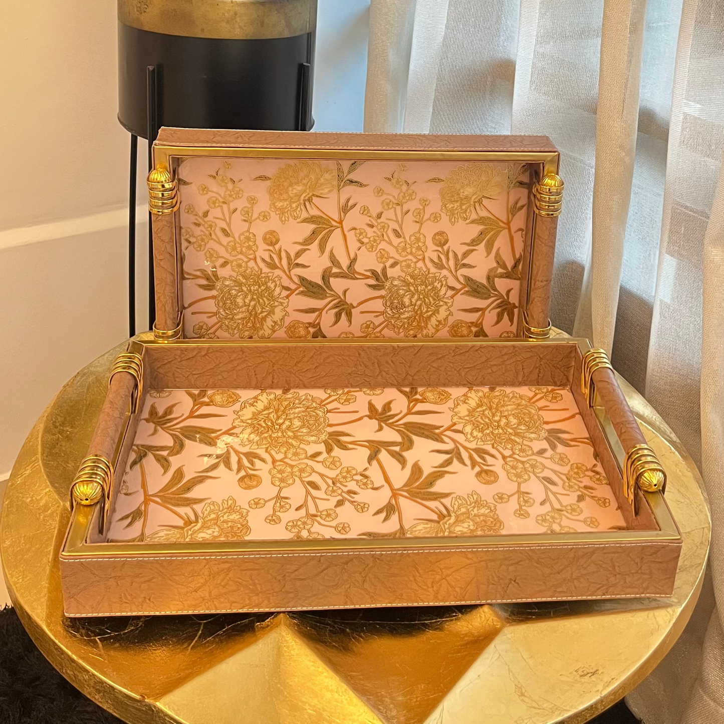 Imperial Bloom Leatherwood Gold Handle Tray Set of 2