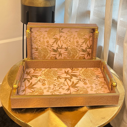 Imperial Bloom Leatherwood Gold Handle Tray Set of 2