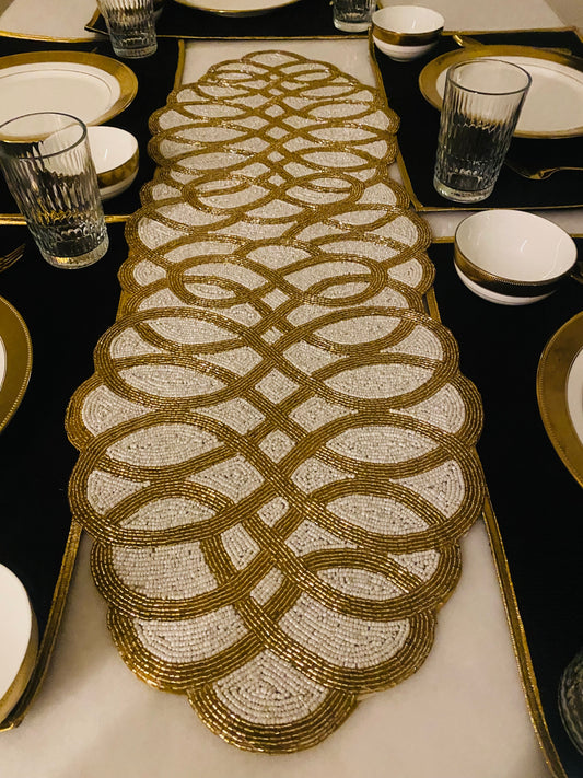 White & Gold Circular Table Runner - Round Table Decorative Runner