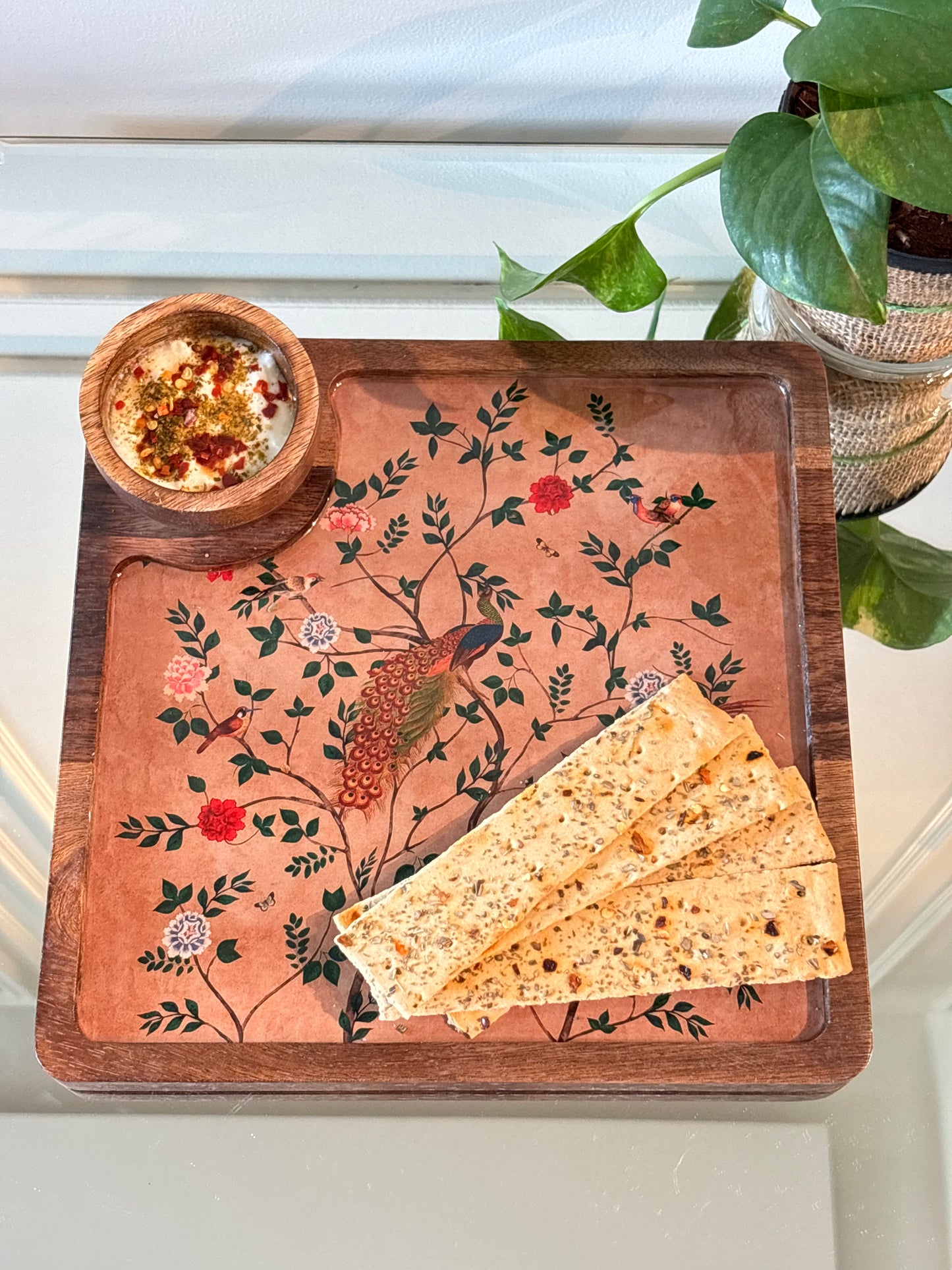 Emerald Peacock Top Wooden Snack and Dip serving Tray with Bowl