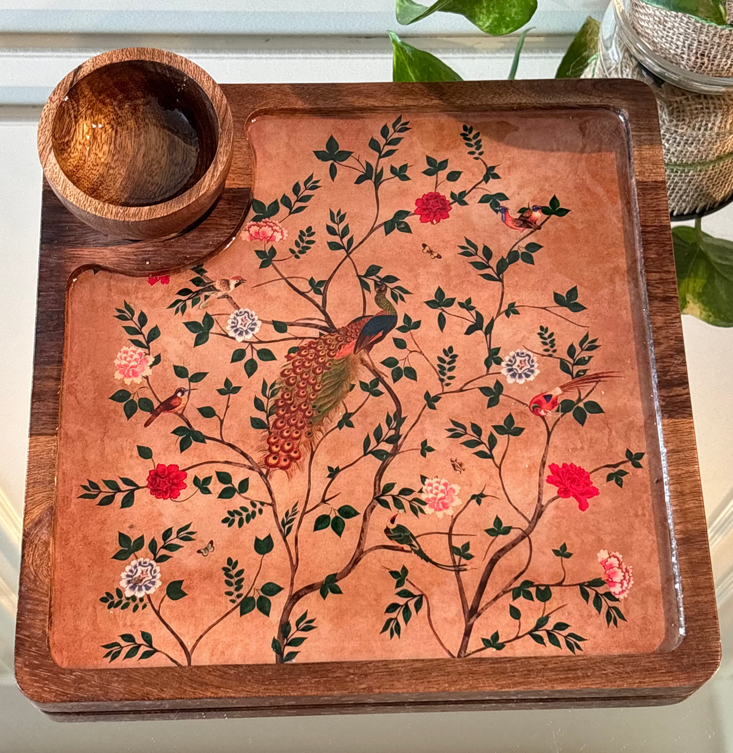 Emerald Peacock Top Wooden Snack and Dip serving Tray with Bowl
