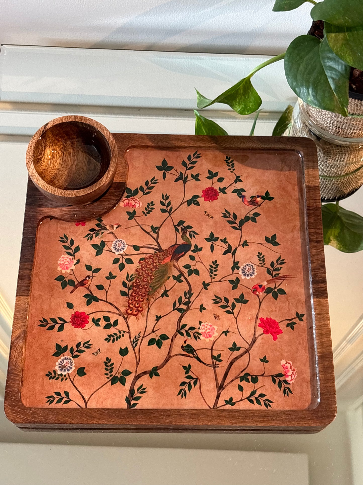 Emerald Peacock Top Wooden Snack and Dip serving Tray with Bowl
