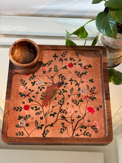 Emerald Peacock Top Wooden Snack and Dip serving Tray with Bowl