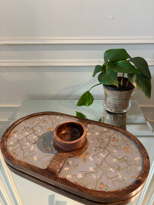 Golden Serenity Oval Wooden Snack and Dip Tray with Bowl