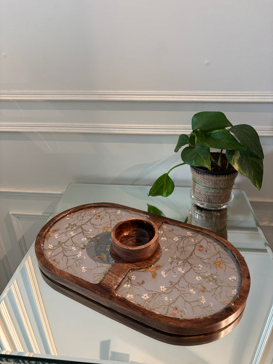Golden Serenity Oval Wooden Snack and Dip Tray with Bowl