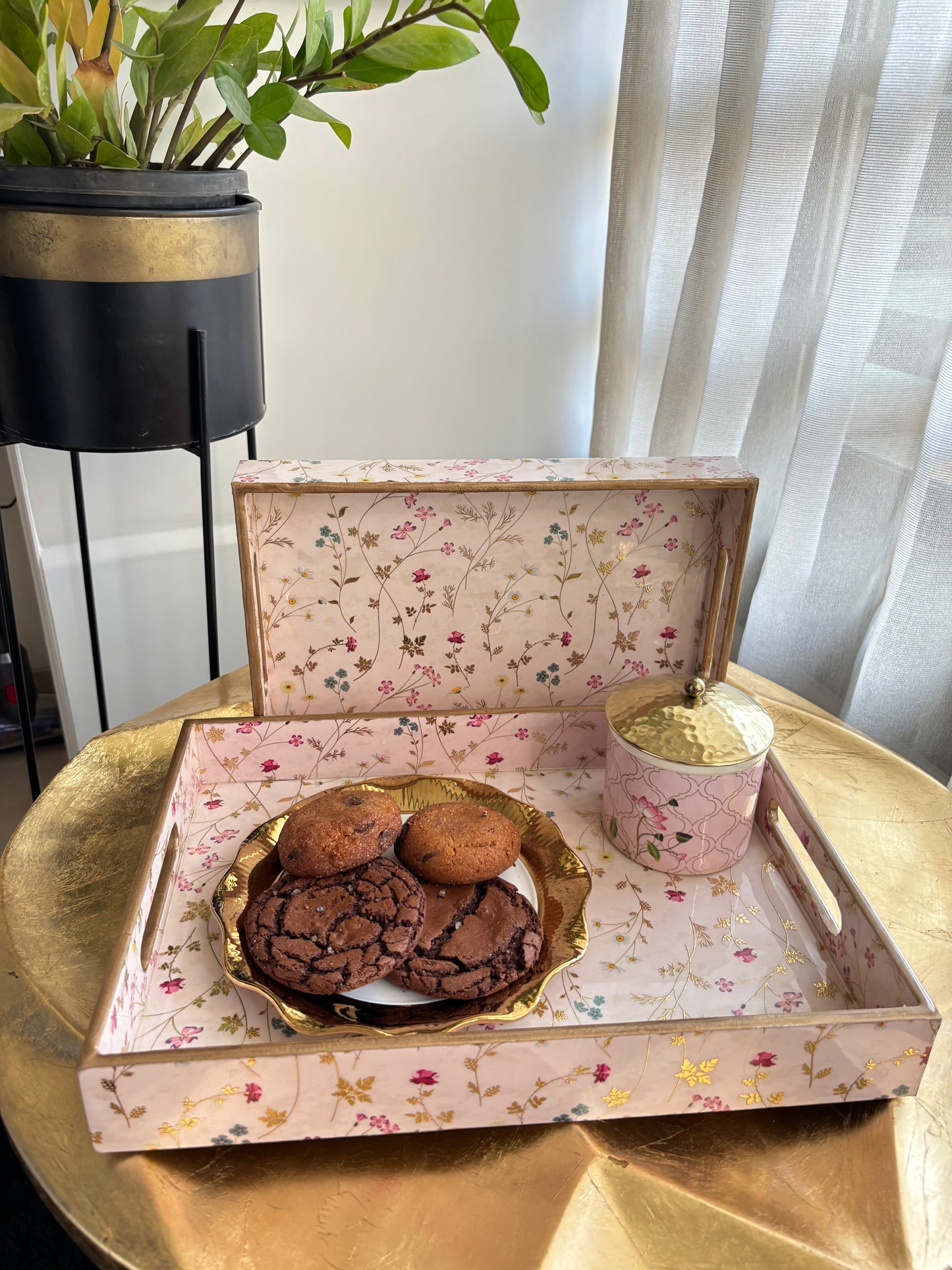 Blush Meadow Gold Floral Wooden Tray set of 2