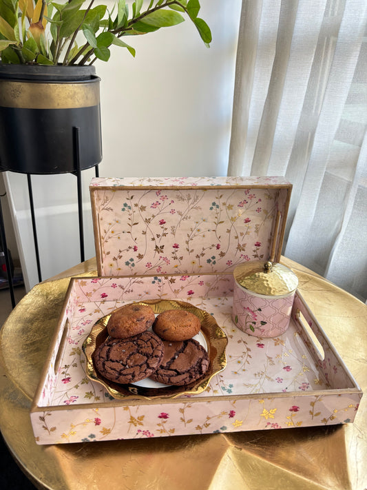 Blush Meadow Gold Floral Wooden Tray set of 2