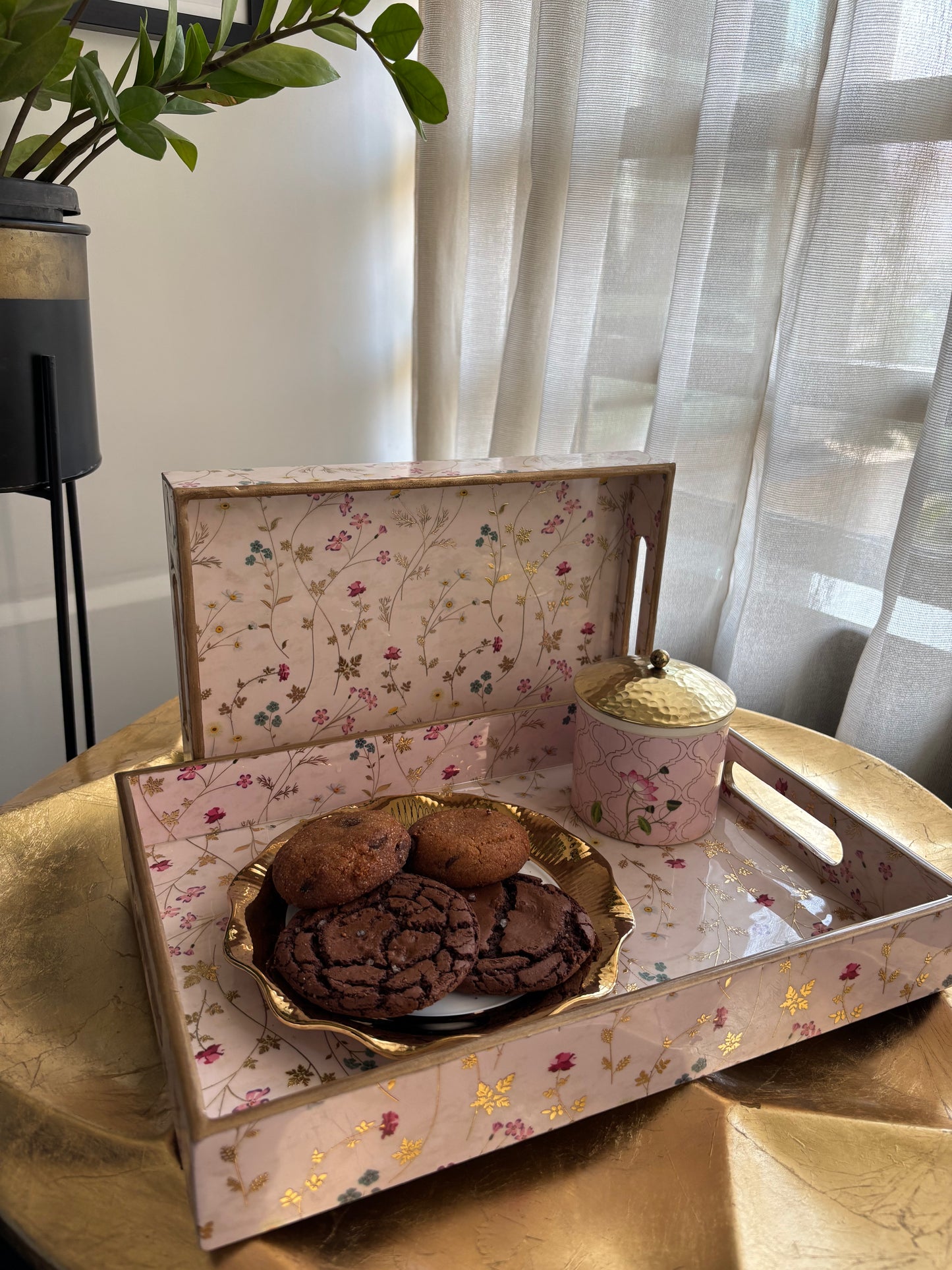 Blush Meadow Gold Floral Wooden Tray set of 2