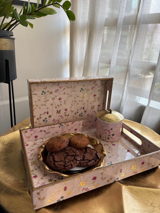 Blush Meadow Gold Floral Wooden Tray set of 2