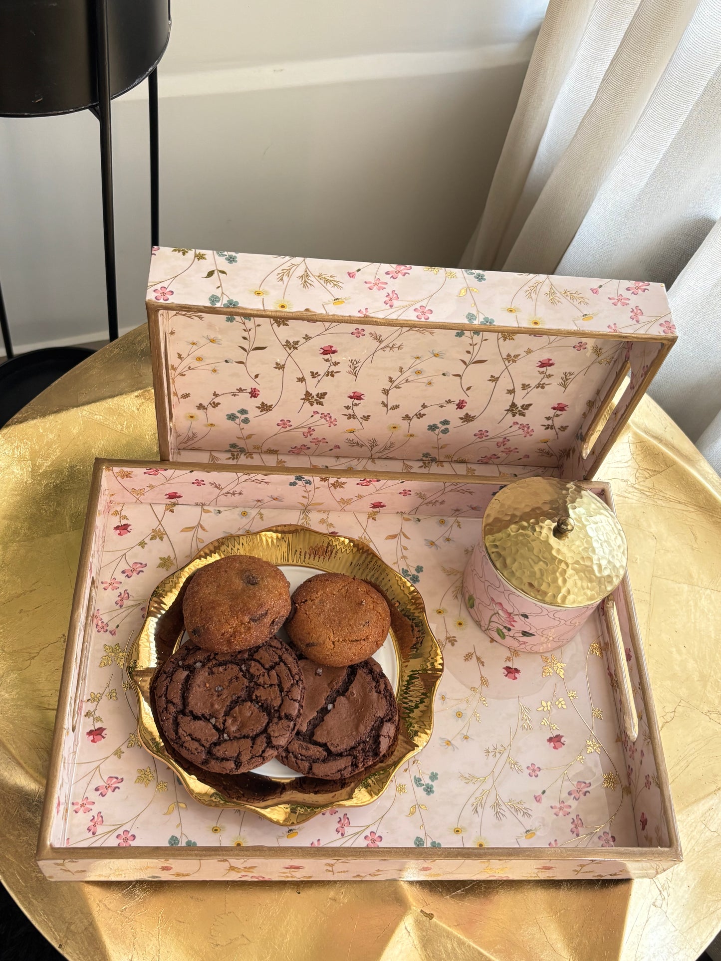 Blush Meadow Gold Floral Wooden Tray set of 2