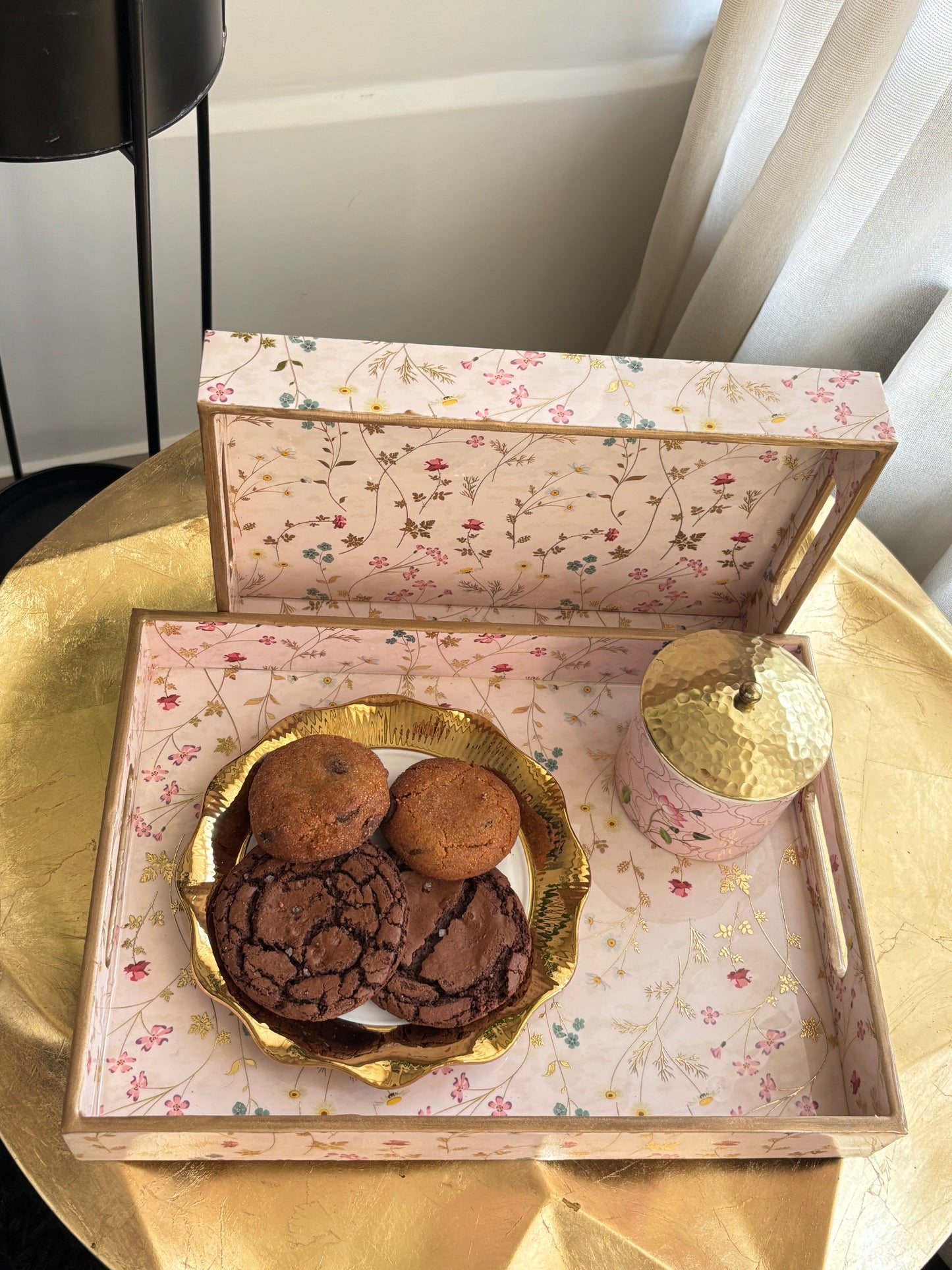 Blush Meadow Gold Floral Wooden Tray set of 2