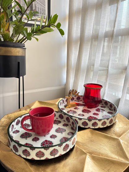 Ruby Bloom Glass Top Wooden Tray Set (Set of 2)