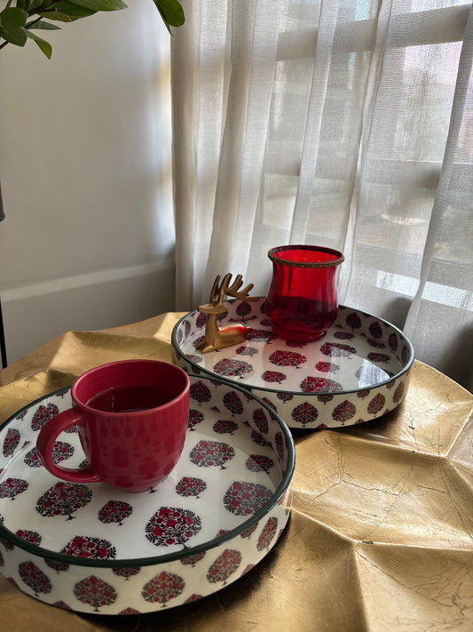 Ruby Bloom Glass Top Wooden Tray Set (Set of 2)