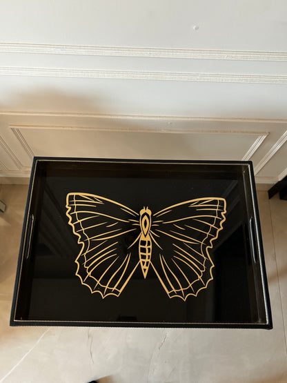 Noir Monarch Butterfly Inlay Butler Table Tray