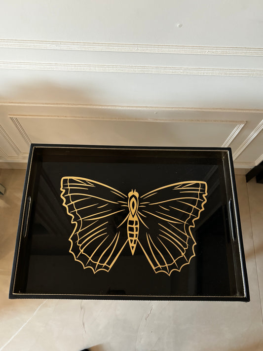 Noir Monarch Butterfly Inlay Butler Table Tray