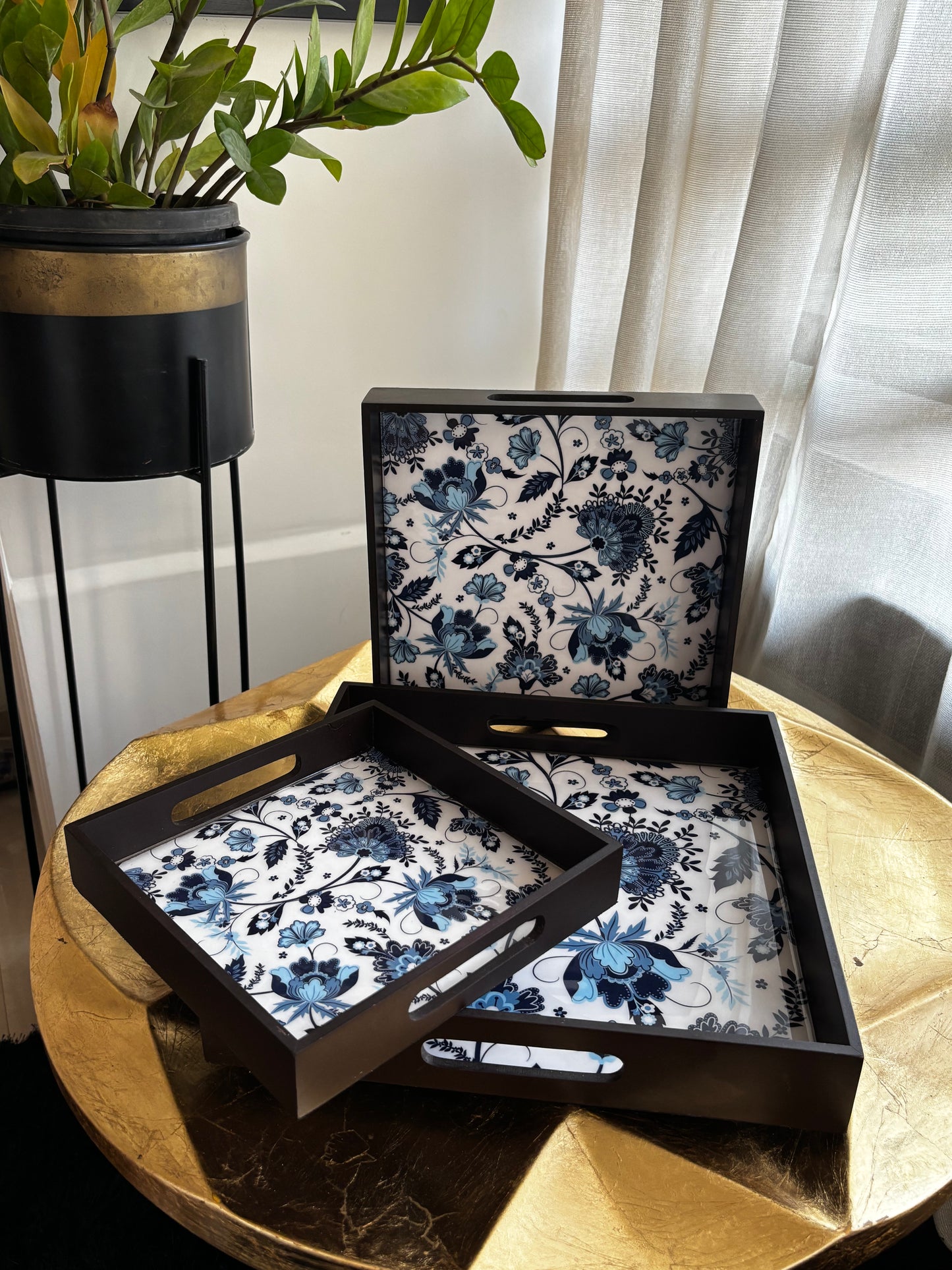 Azure Bloom Glass Top Wooden Tray Set (Set of 3)
