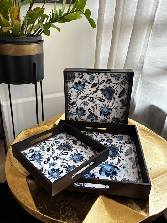 Azure Bloom Glass Top Wooden Tray Set (Set of 3)