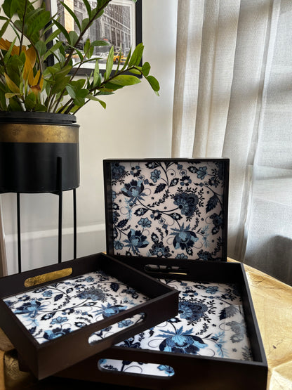 Azure Bloom Glass Top Wooden Tray Set (Set of 3)