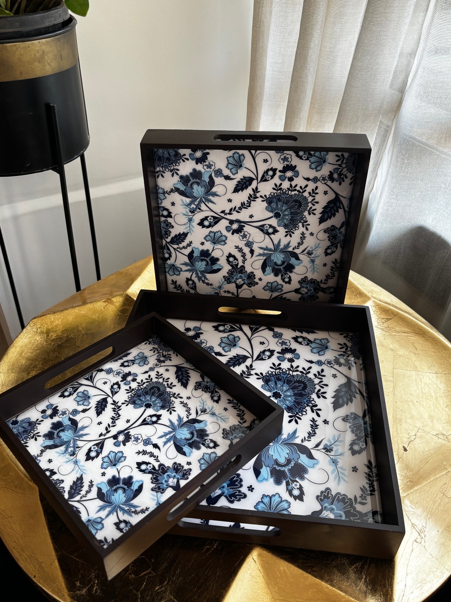 Azure Bloom Glass Top Wooden Tray Set (Set of 3)
