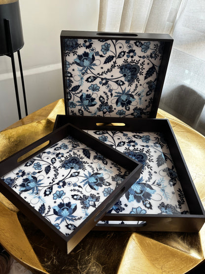 Azure Bloom Glass Top Wooden Tray Set (Set of 3)