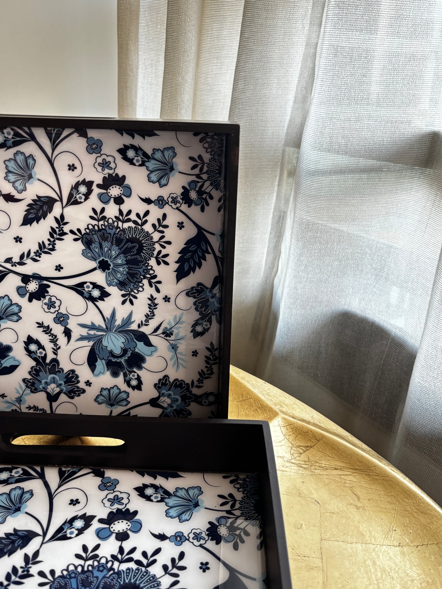 Azure Bloom Glass Top Wooden Tray Set (Set of 3)