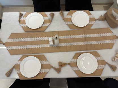 Rustic Lace Jute Table Runner & Placemats Set