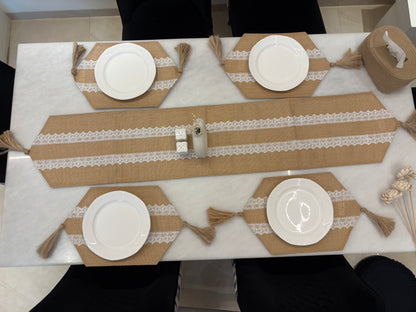 Rustic Lace Jute Table Runner & Placemats Set