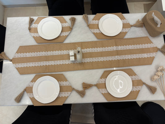 Rustic Lace Jute Table Runner & Placemats Set
