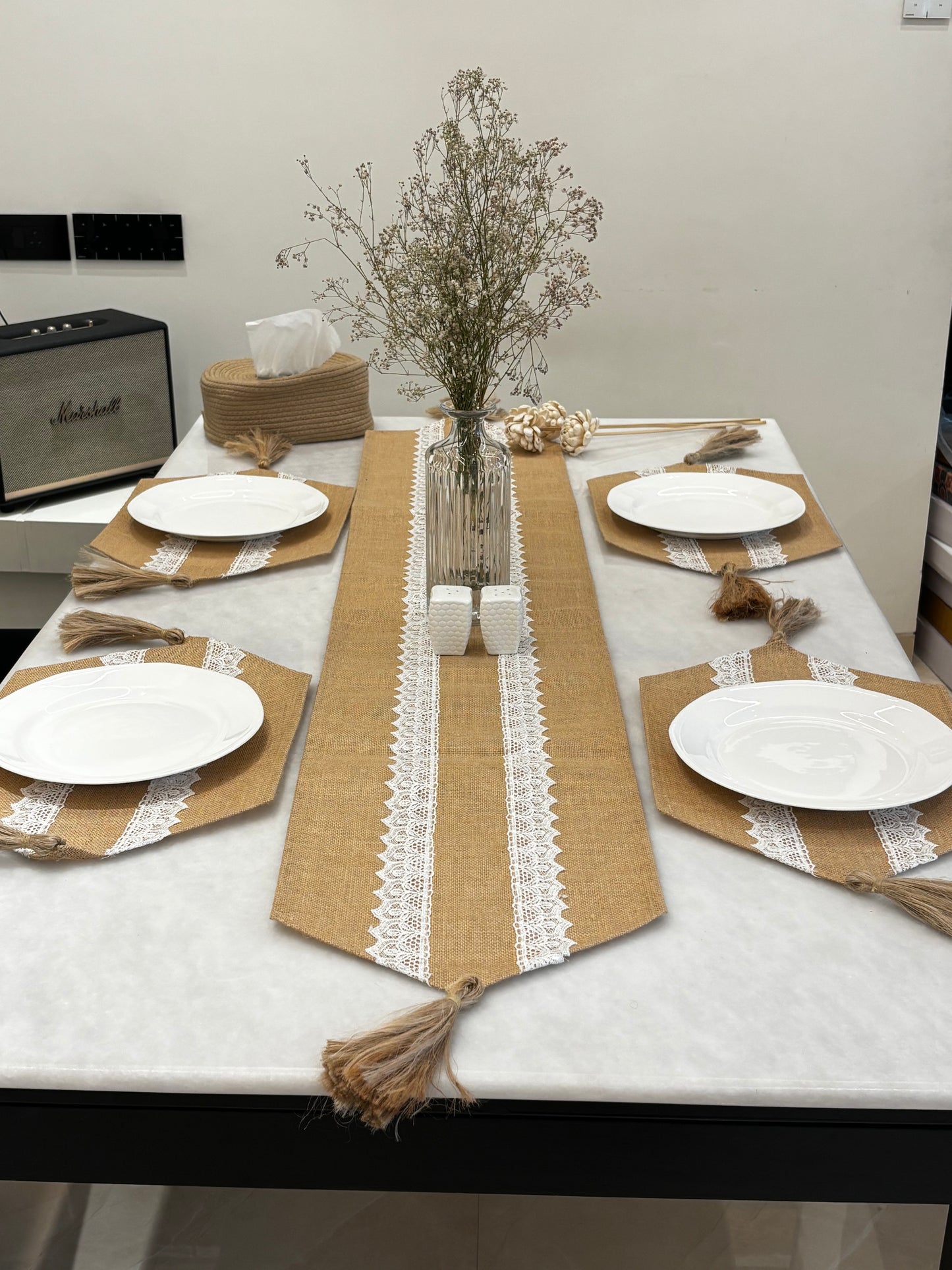 Rustic Lace Jute Table Runner & Placemats Set
