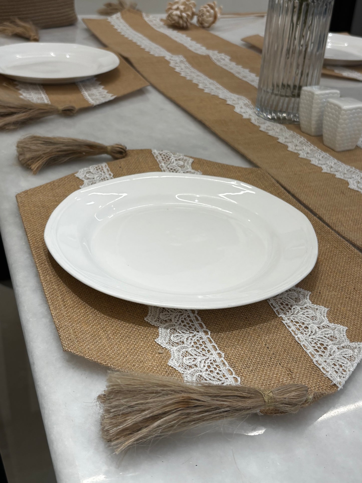 Rustic Lace Jute Table Runner & Placemats Set