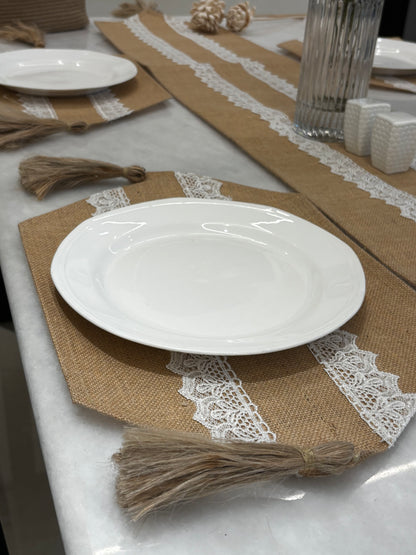 Rustic Lace Jute Table Runner & Placemats Set