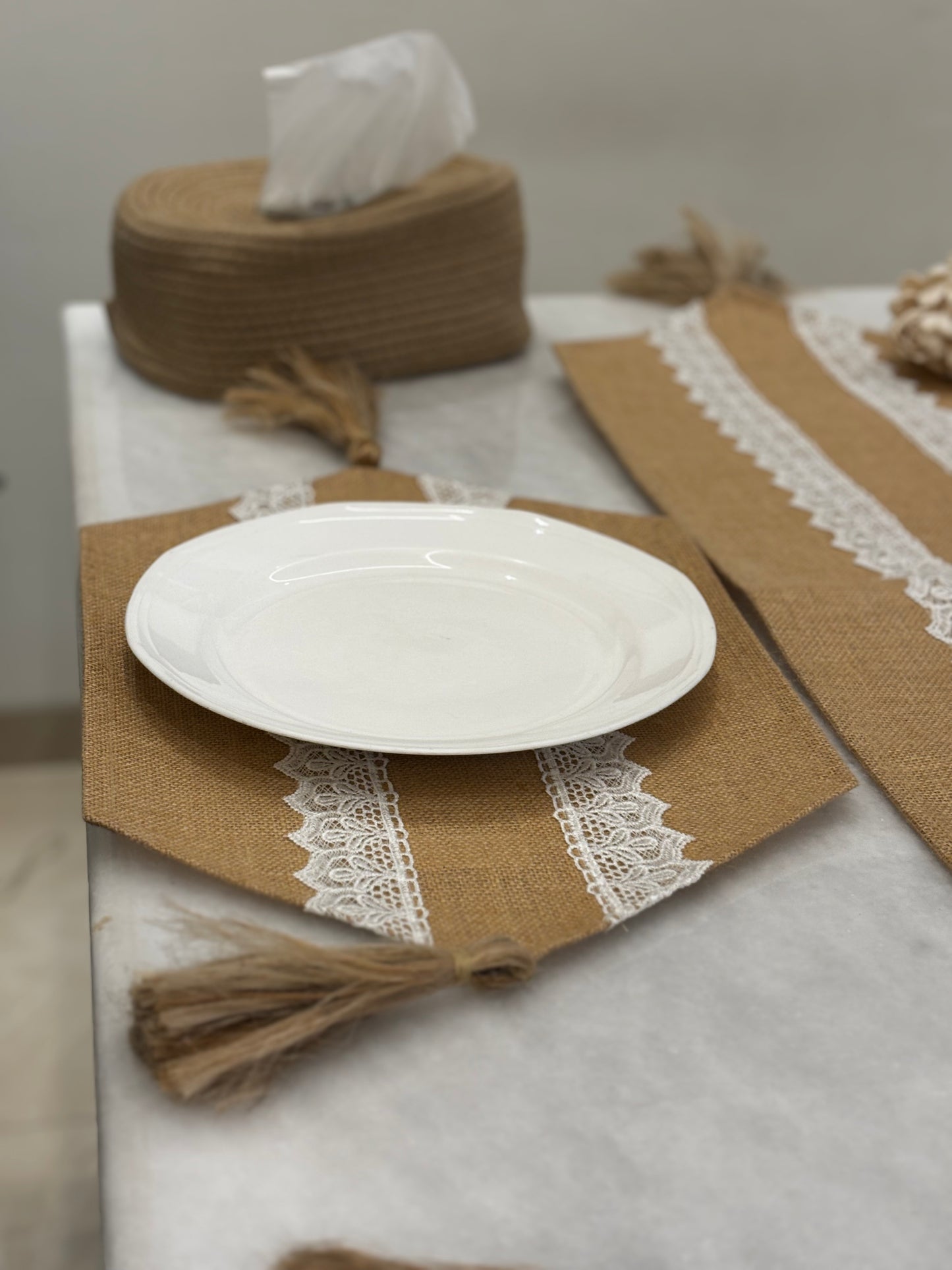 Rustic Lace Jute Table Runner & Placemats Set