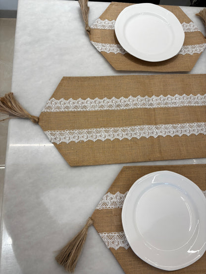Rustic Lace Jute Table Runner & Placemats Set