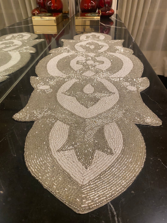 Handcrafted White & Silver Circular Table Runner with Beaded Details